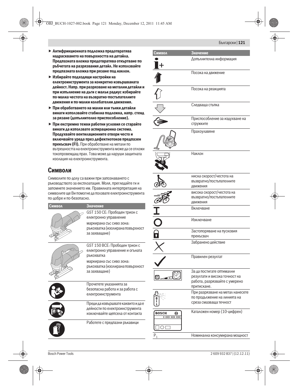 Символи | Bosch GST 150 BCE Professional User Manual | Page 121 / 184