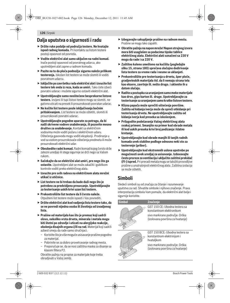 Dalja uputstva o sigurnosti i radu, Simboli | Bosch GST 150 BCE Professional User Manual | Page 126 / 184