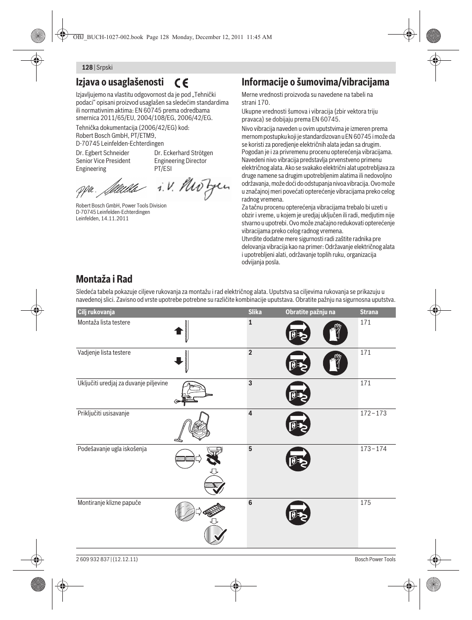 Izjava o usaglašenosti, Informacije o šumovima/vibracijama, Montaža i rad | Bosch GST 150 BCE Professional User Manual | Page 128 / 184