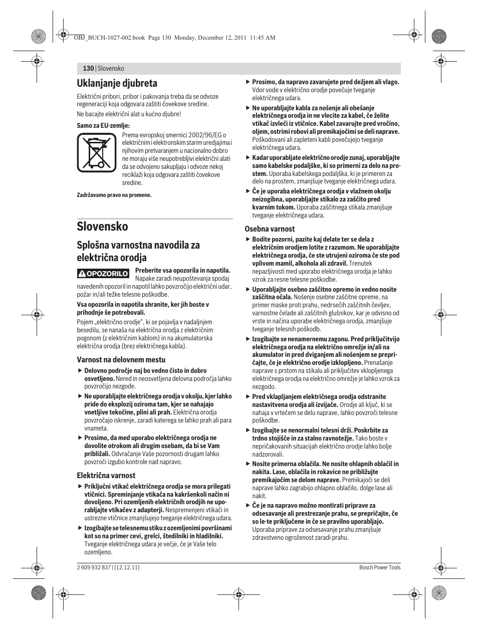 Slovensko, Uklanjanje djubreta, Splošna varnostna navodila za električna orodja | Bosch GST 150 BCE Professional User Manual | Page 130 / 184