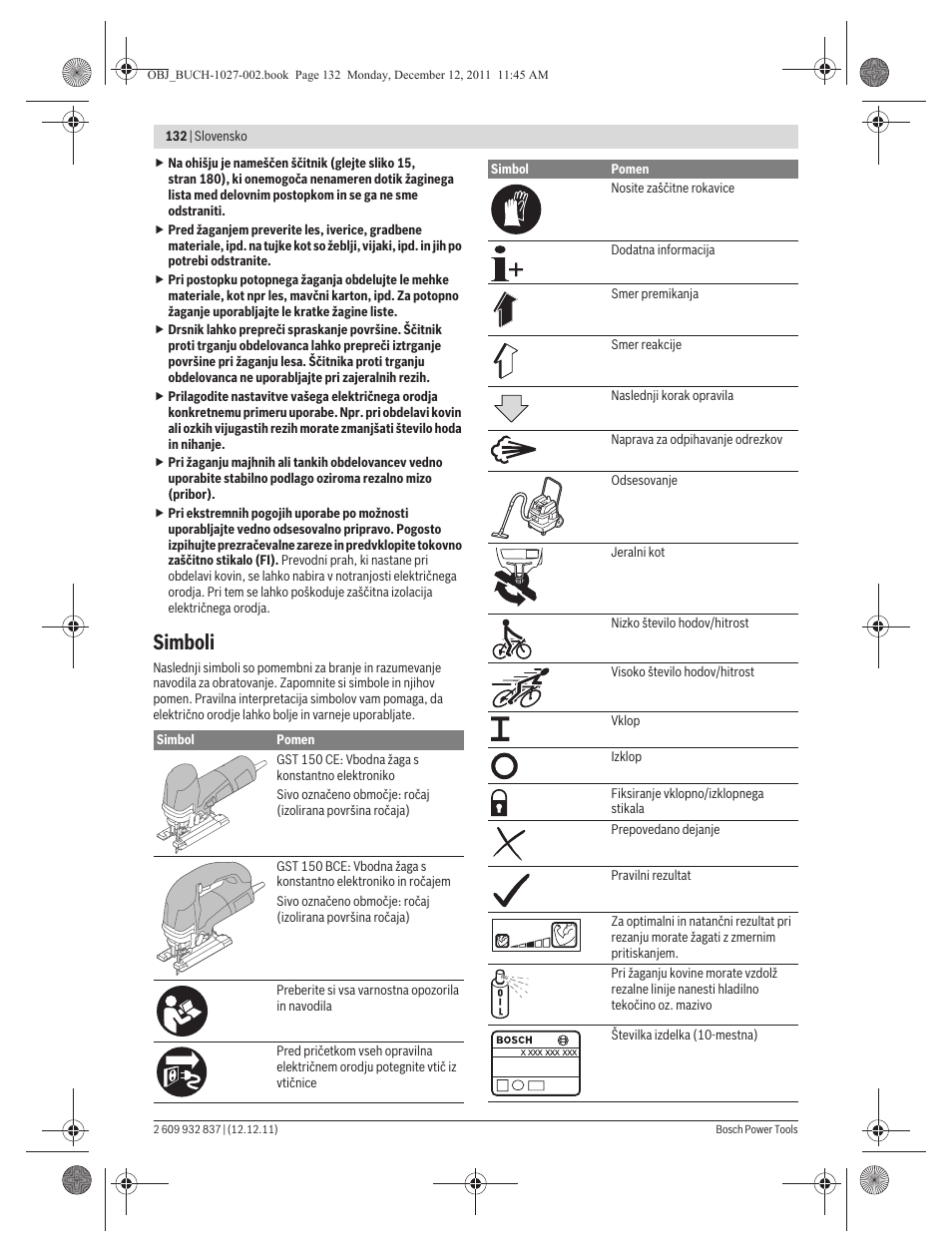 Simboli | Bosch GST 150 BCE Professional User Manual | Page 132 / 184