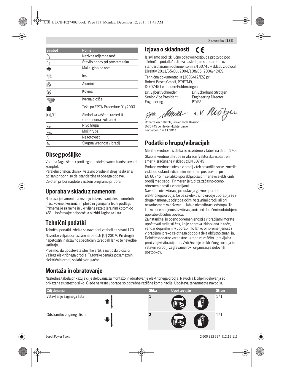 Obseg pošiljke, Uporaba v skladu z namenom, Tehnični podatki | Izjava o skladnosti, Podatki o hrupu/vibracijah, Montaža in obratovanje | Bosch GST 150 BCE Professional User Manual | Page 133 / 184