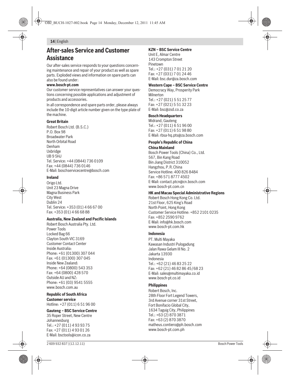 After-sales service and customer assistance | Bosch GST 150 BCE Professional User Manual | Page 14 / 184