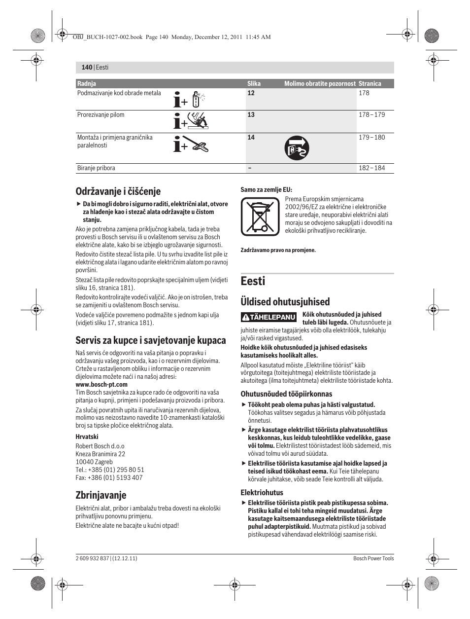 Eesti, Održavanje i čišćenje, Servis za kupce i savjetovanje kupaca | Zbrinjavanje, Üldised ohutusjuhised | Bosch GST 150 BCE Professional User Manual | Page 140 / 184