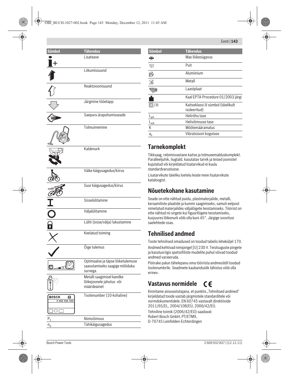 Tarnekomplekt, Nõuetekohane kasutamine, Tehnilised andmed | Vastavus normidele | Bosch GST 150 BCE Professional User Manual | Page 143 / 184