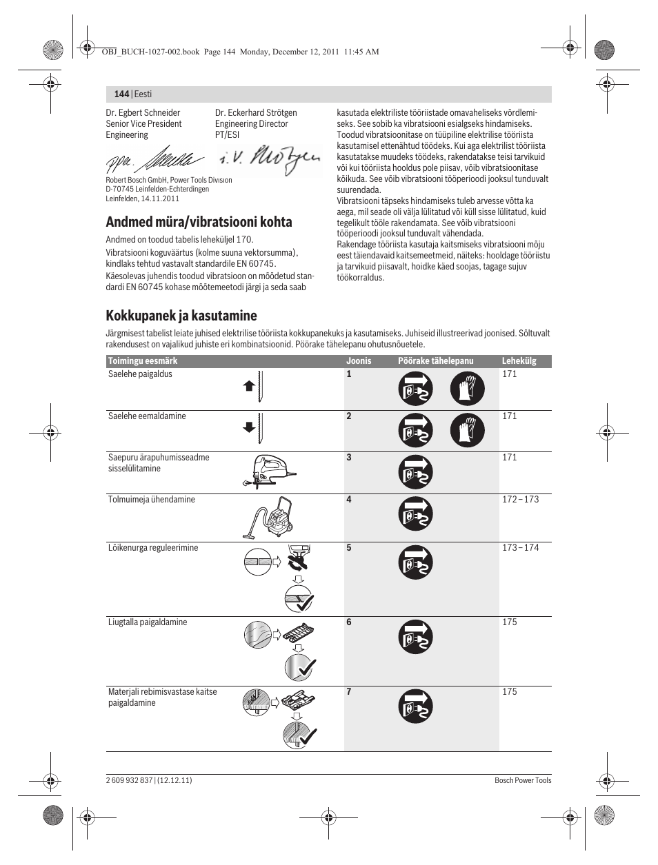 Andmed müra/vibratsiooni kohta, Kokkupanek ja kasutamine | Bosch GST 150 BCE Professional User Manual | Page 144 / 184