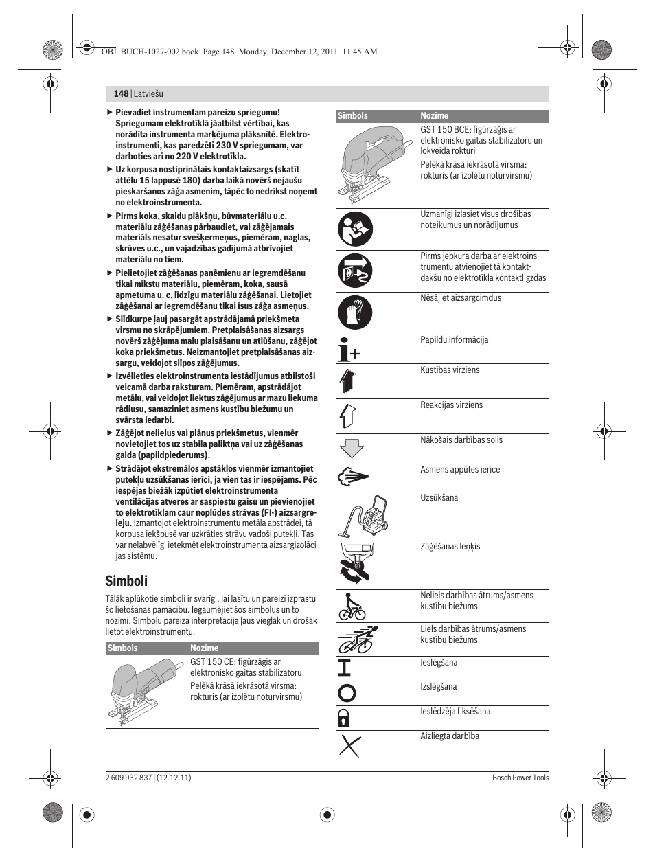 Simboli | Bosch GST 150 BCE Professional User Manual | Page 148 / 184