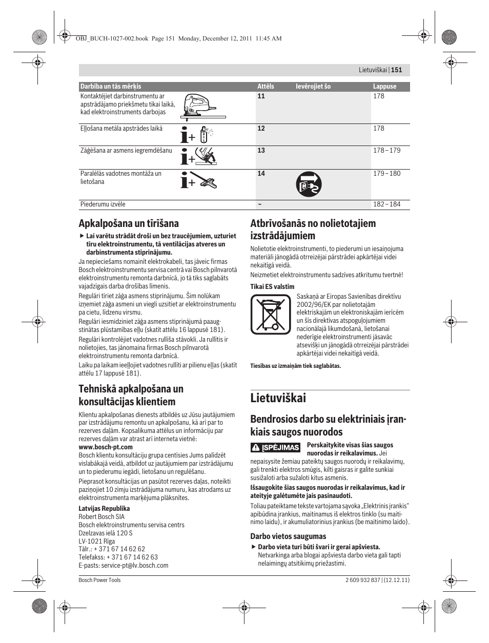 Lietuviškai, Apkalpošana un tīrīšana, Tehniskā apkalpošana un konsultācijas klientiem | Atbrīvošanās no nolietotajiem izstrādājumiem | Bosch GST 150 BCE Professional User Manual | Page 151 / 184