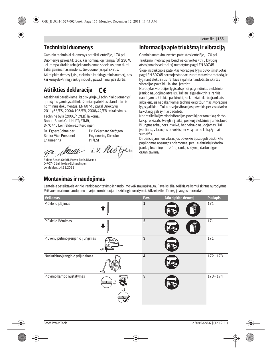 Techniniai duomenys, Atitikties deklaracija, Informacija apie triukšmą ir vibraciją | Montavimas ir naudojimas | Bosch GST 150 BCE Professional User Manual | Page 155 / 184