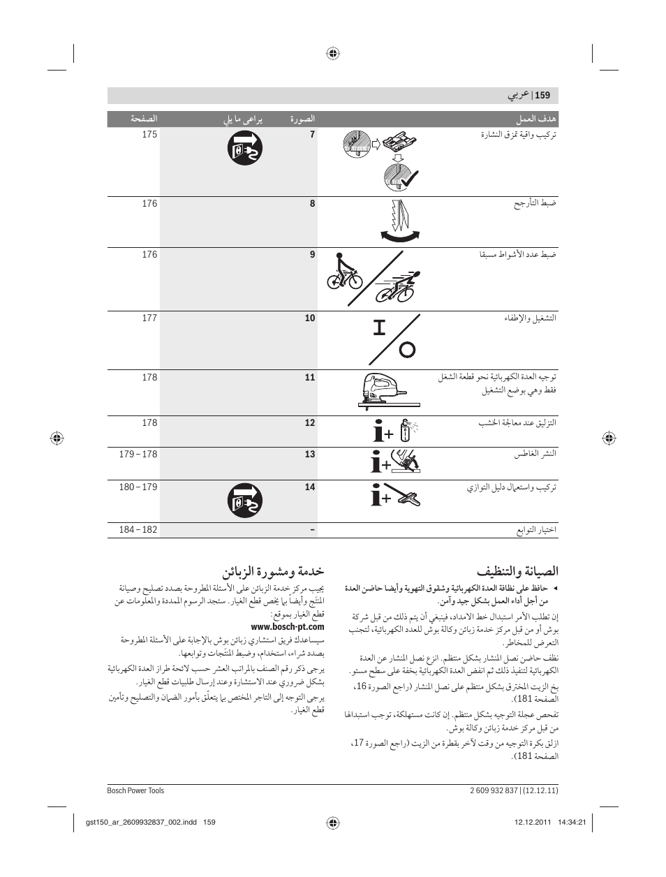 ﻒﻴﻈﻨﺘﻟاﻭ ﺔﻧﺎﻴﺼﻟا, ﻦﺋﺎﺑﺰﻟا ةرﻮﺸﻣﻭ ﺔﻣﺪﺧ, ﻲﺑﺮﻋ | Bosch GST 150 BCE Professional User Manual | Page 159 / 184