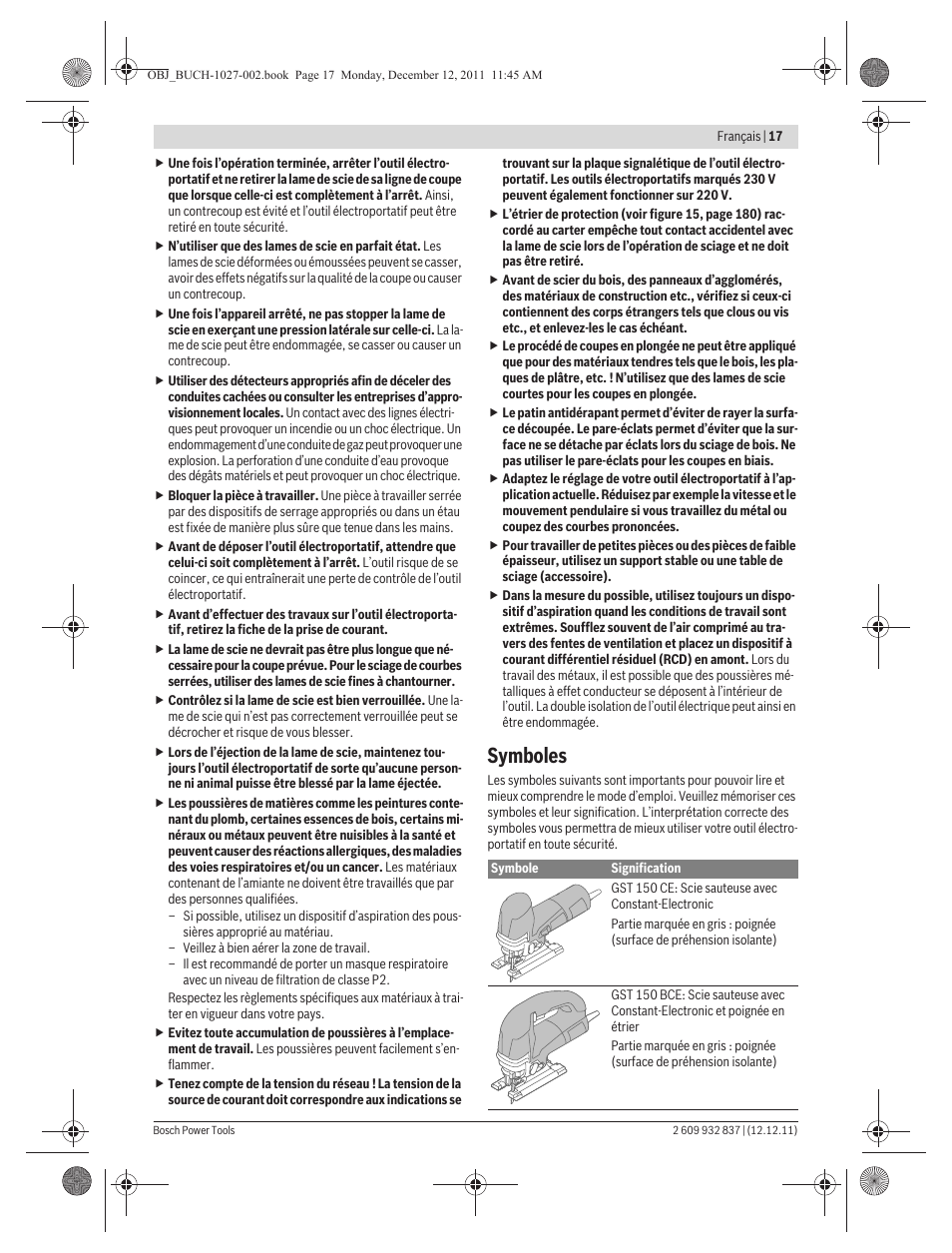 Symboles | Bosch GST 150 BCE Professional User Manual | Page 17 / 184