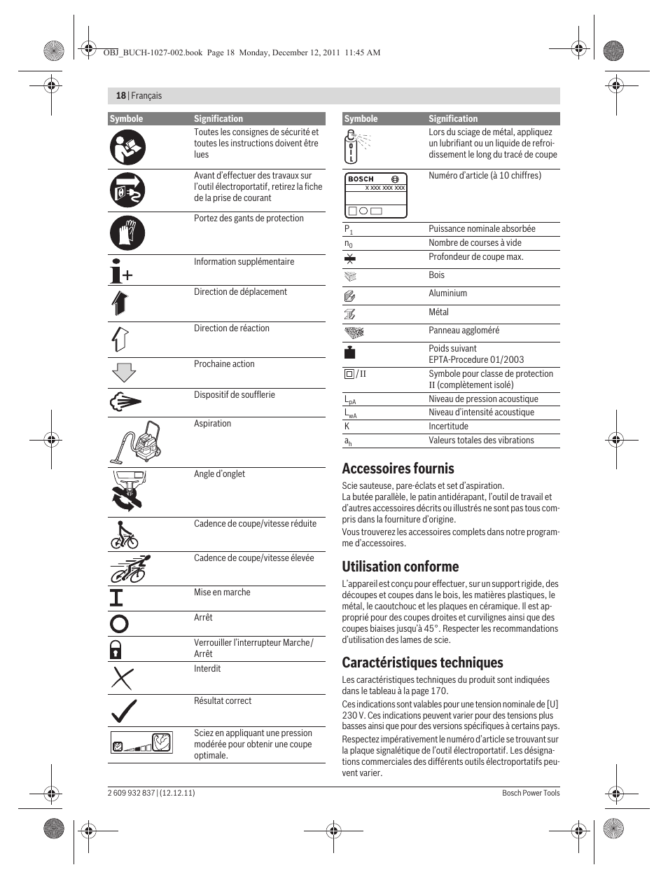 Accessoires fournis, Utilisation conforme, Caractéristiques techniques | Bosch GST 150 BCE Professional User Manual | Page 18 / 184