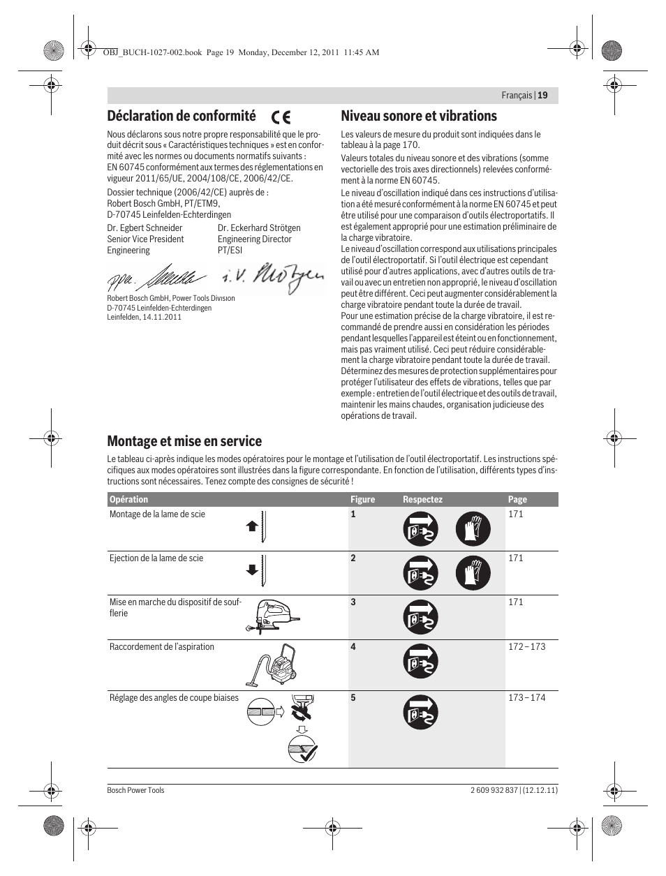 Déclaration de conformité, Niveau sonore et vibrations, Montage et mise en service | Bosch GST 150 BCE Professional User Manual | Page 19 / 184