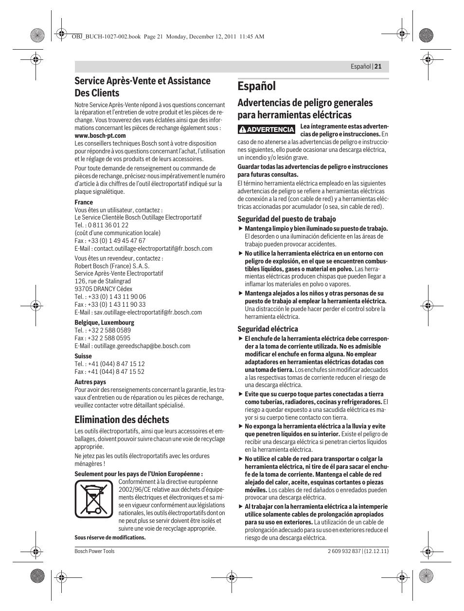 Español, Service après-vente et assistance des clients, Elimination des déchets | Bosch GST 150 BCE Professional User Manual | Page 21 / 184