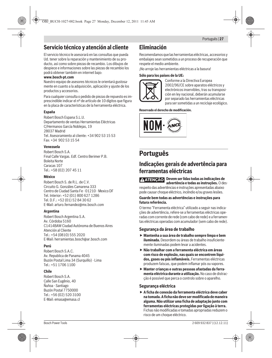 Português, Servicio técnico y atención al cliente, Eliminación | Bosch GST 150 BCE Professional User Manual | Page 27 / 184