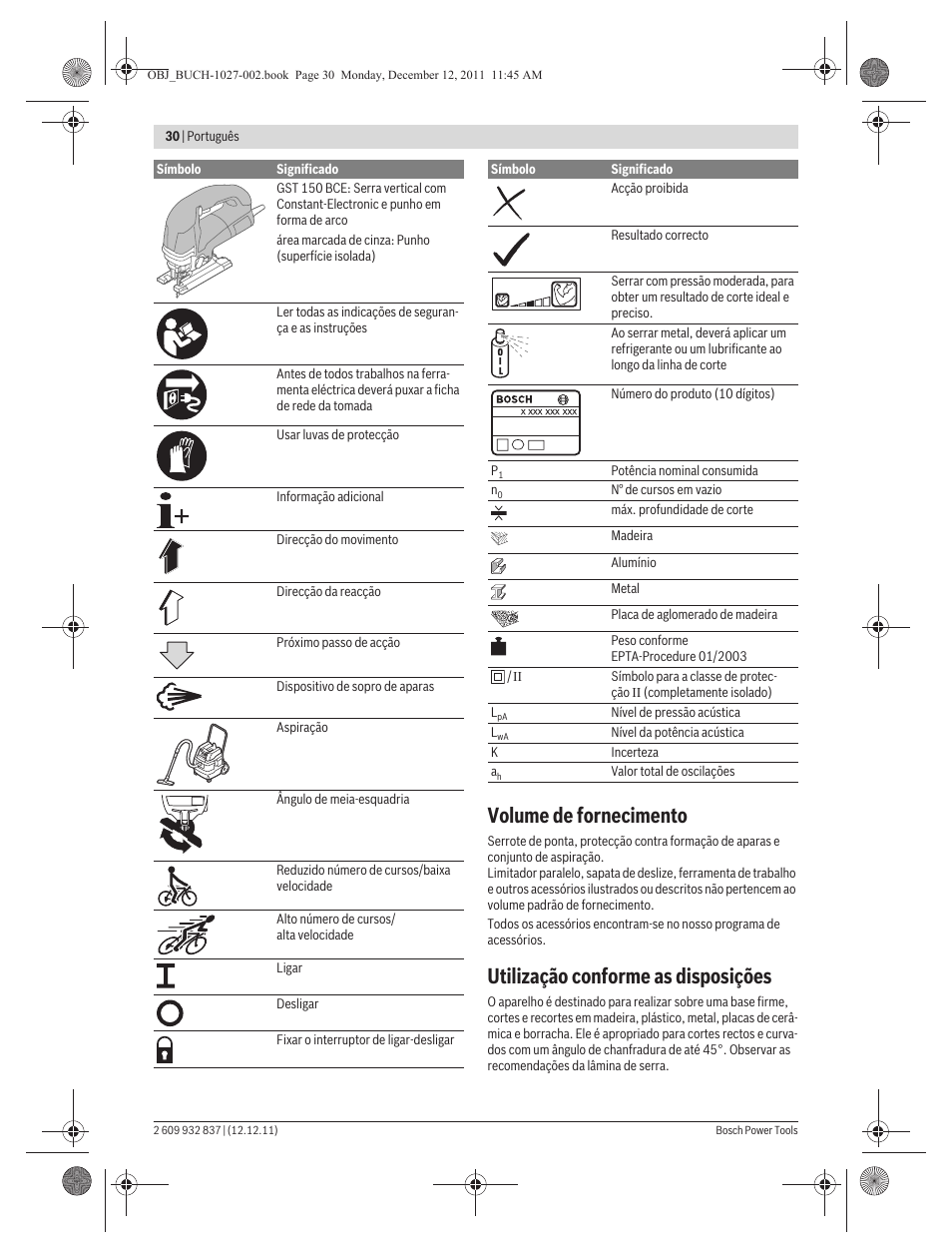 Volume de fornecimento, Utilização conforme as disposições | Bosch GST 150 BCE Professional User Manual | Page 30 / 184