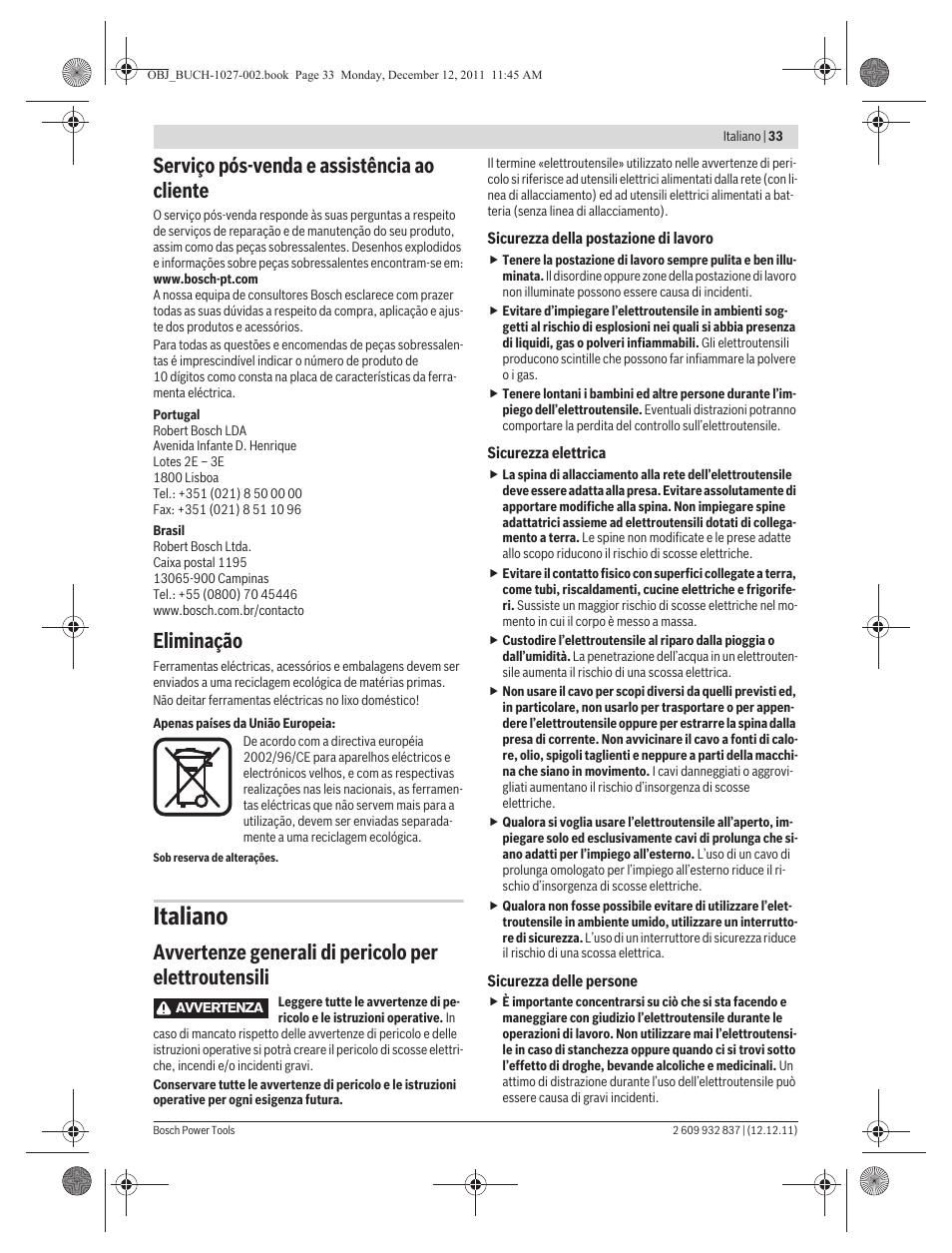 Italiano, Serviço pós-venda e assistência ao cliente, Eliminação | Bosch GST 150 BCE Professional User Manual | Page 33 / 184