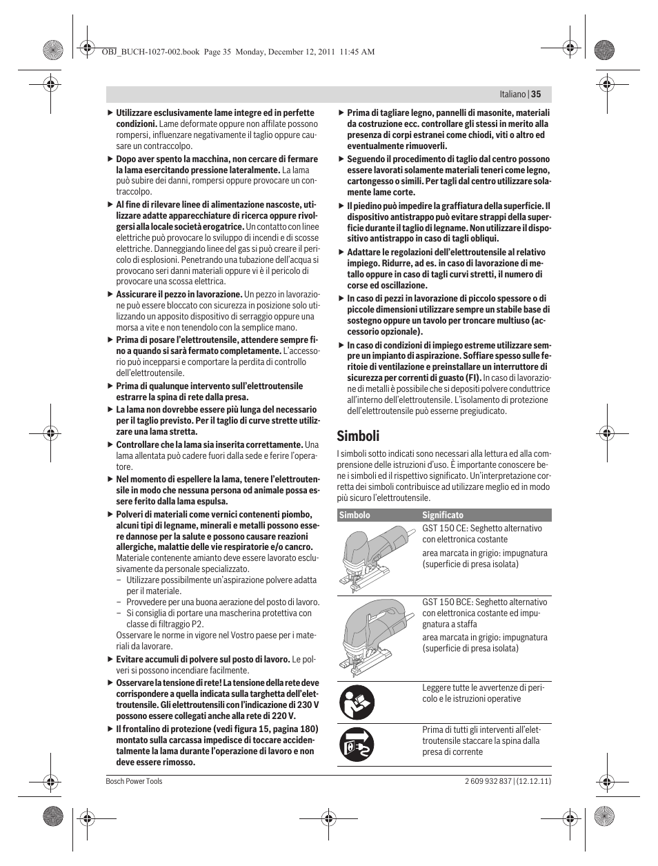 Simboli | Bosch GST 150 BCE Professional User Manual | Page 35 / 184