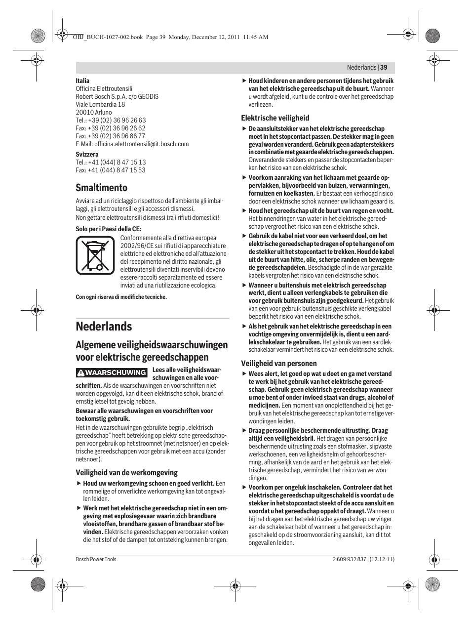 Nederlands, Smaltimento | Bosch GST 150 BCE Professional User Manual | Page 39 / 184