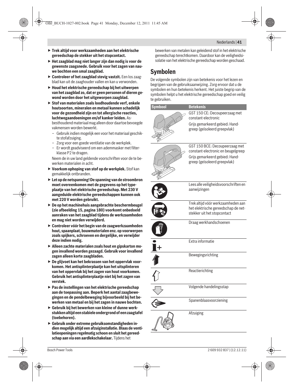 Symbolen | Bosch GST 150 BCE Professional User Manual | Page 41 / 184