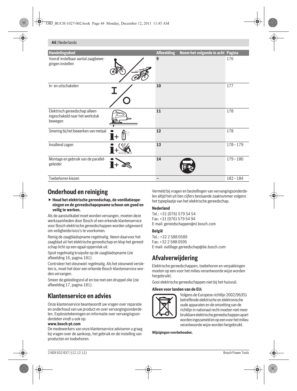 Onderhoud en reiniging, Klantenservice en advies, Afvalverwijdering | Bosch GST 150 BCE Professional User Manual | Page 44 / 184