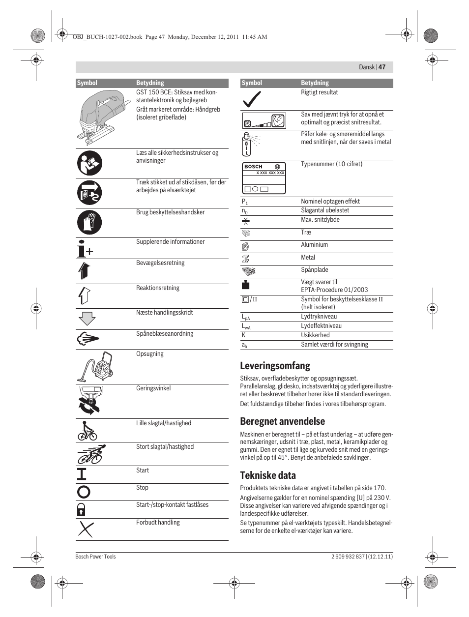 Leveringsomfang, Beregnet anvendelse, Tekniske data | Bosch GST 150 BCE Professional User Manual | Page 47 / 184