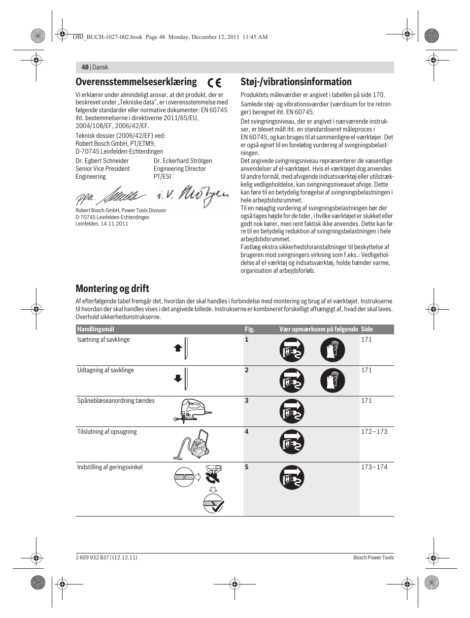 Overensstemmelseserklæring, Støj-/vibrationsinformation, Montering og drift | Bosch GST 150 BCE Professional User Manual | Page 48 / 184