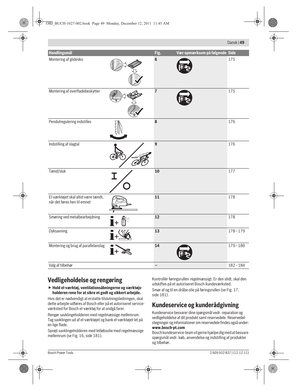 Vedligeholdelse og rengøring, Kundeservice og kunderådgivning | Bosch GST 150 BCE Professional User Manual | Page 49 / 184