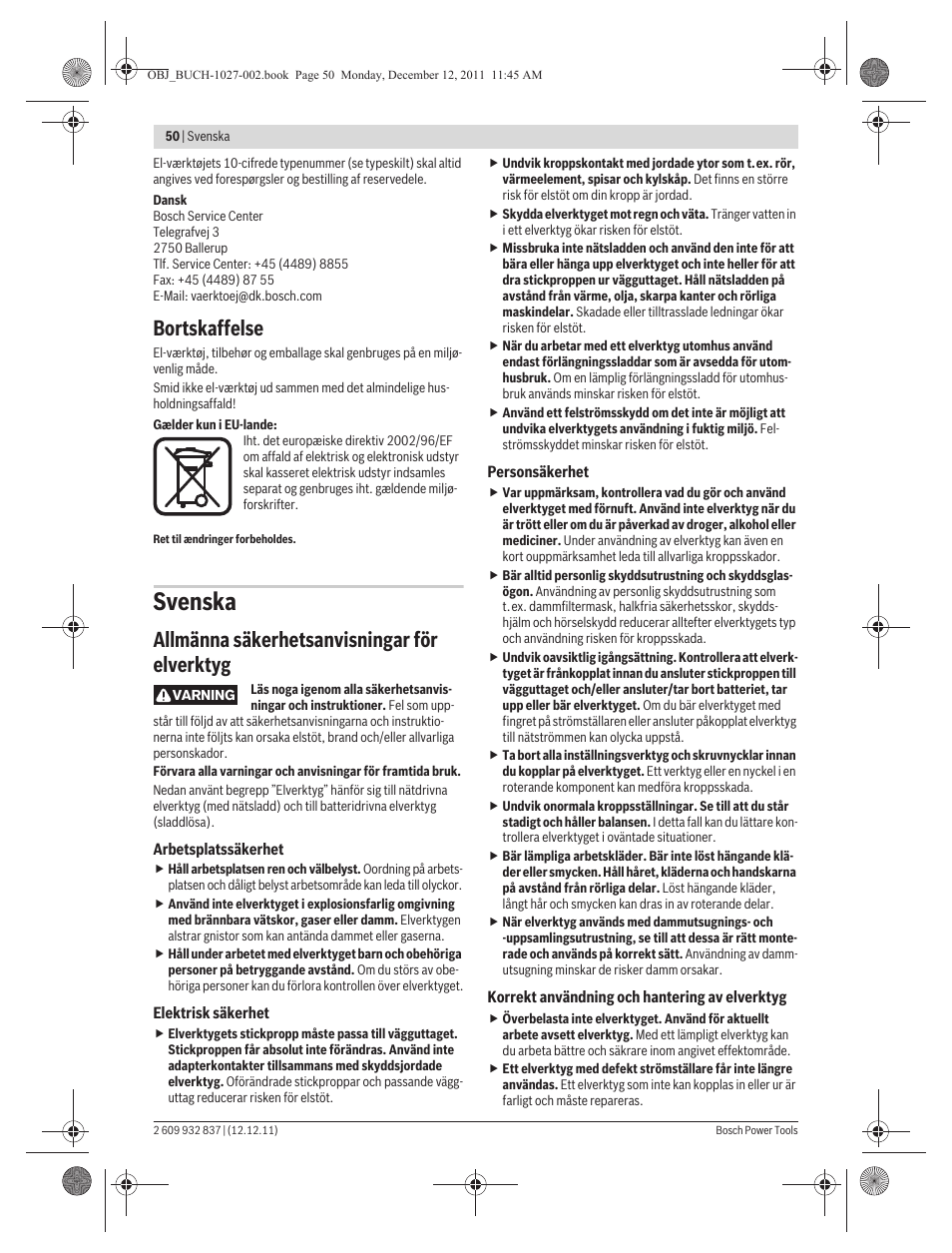 Svenska, Bortskaffelse, Allmänna säkerhetsanvisningar för elverktyg | Bosch GST 150 BCE Professional User Manual | Page 50 / 184