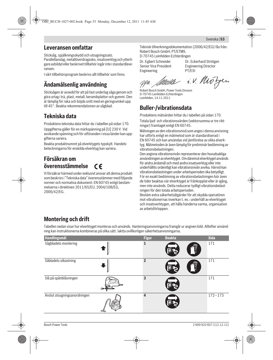 Leveransen omfattar, Ändamålsenlig användning, Tekniska data | Försäkran om överensstämmelse, Buller-/vibrationsdata, Montering och drift | Bosch GST 150 BCE Professional User Manual | Page 53 / 184