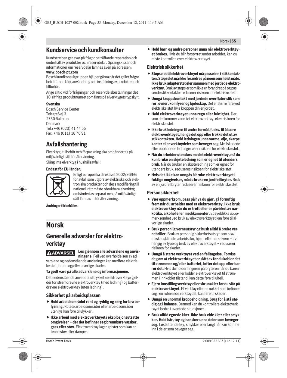 Norsk, Kundservice och kundkonsulter, Avfallshantering | Generelle advarsler for elektro- verktøy | Bosch GST 150 BCE Professional User Manual | Page 55 / 184