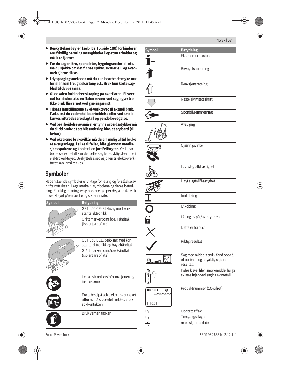 Symboler | Bosch GST 150 BCE Professional User Manual | Page 57 / 184