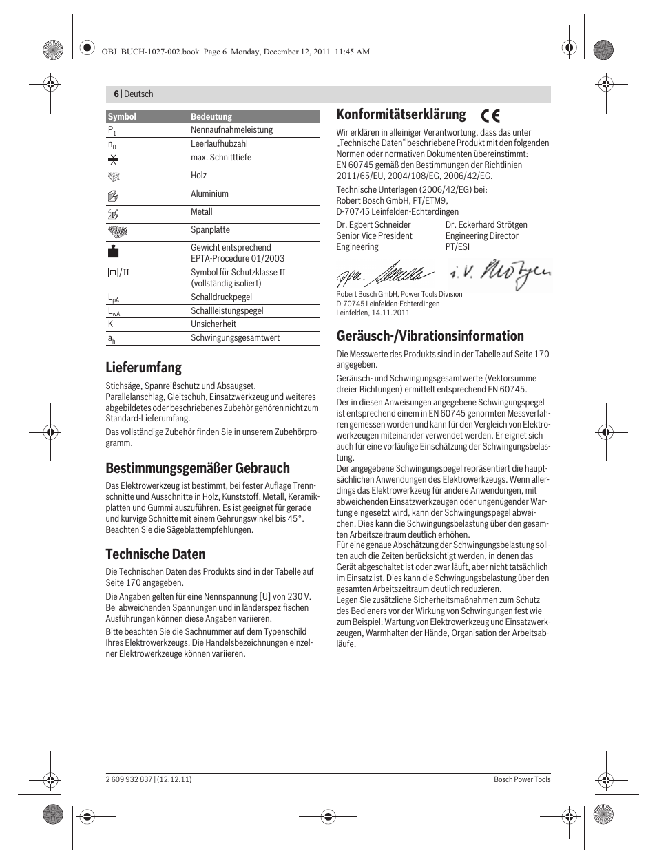 Lieferumfang, Bestimmungsgemäßer gebrauch, Technische daten | Konformitätserklärung, Geräusch-/vibrationsinformation | Bosch GST 150 BCE Professional User Manual | Page 6 / 184