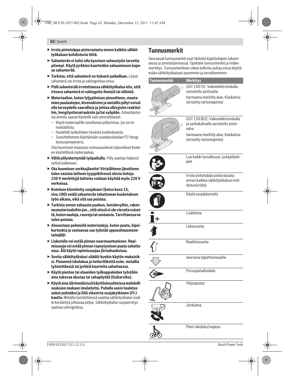 Tunnusmerkit | Bosch GST 150 BCE Professional User Manual | Page 62 / 184