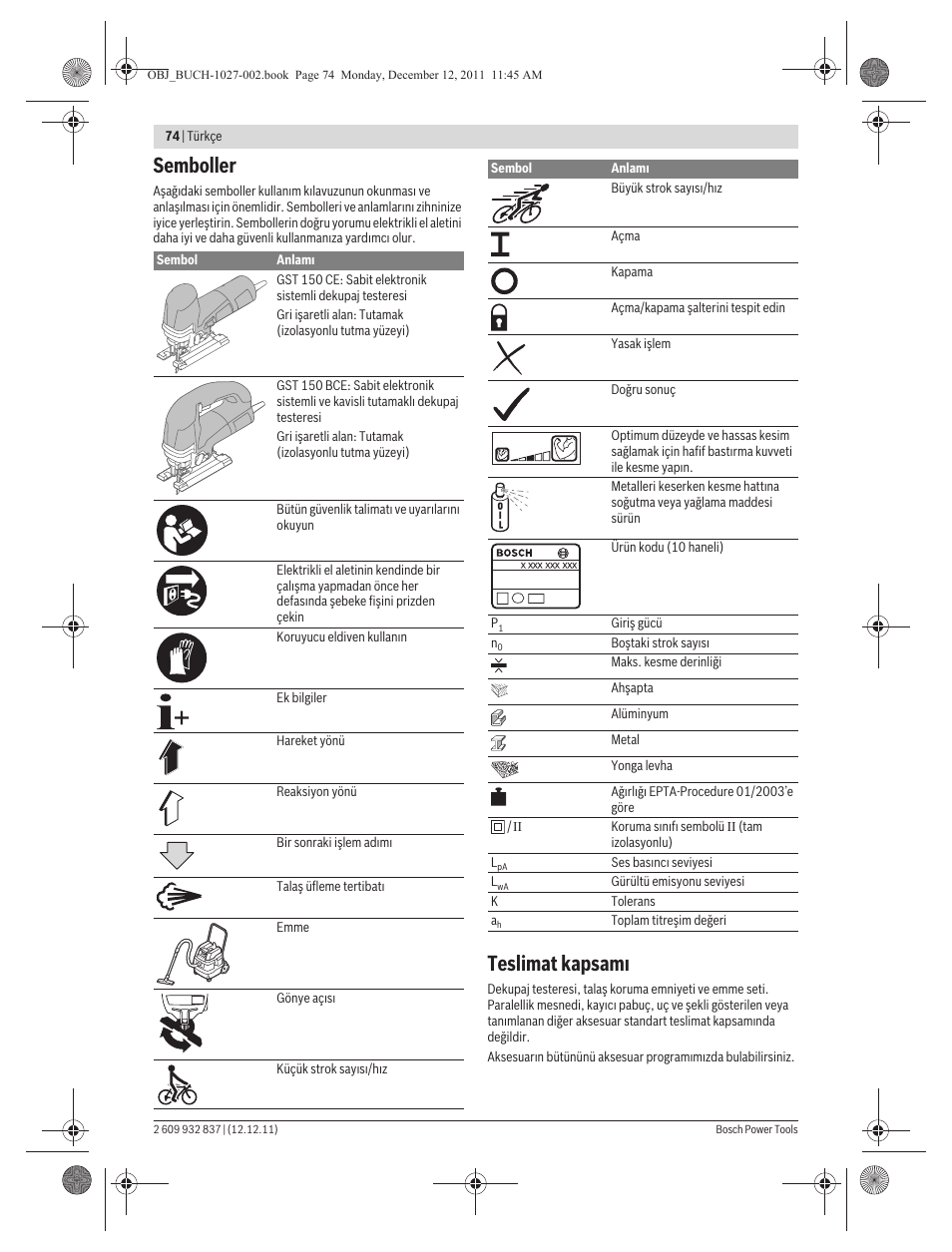 Semboller, Teslimat kapsam | Bosch GST 150 BCE Professional User Manual | Page 74 / 184