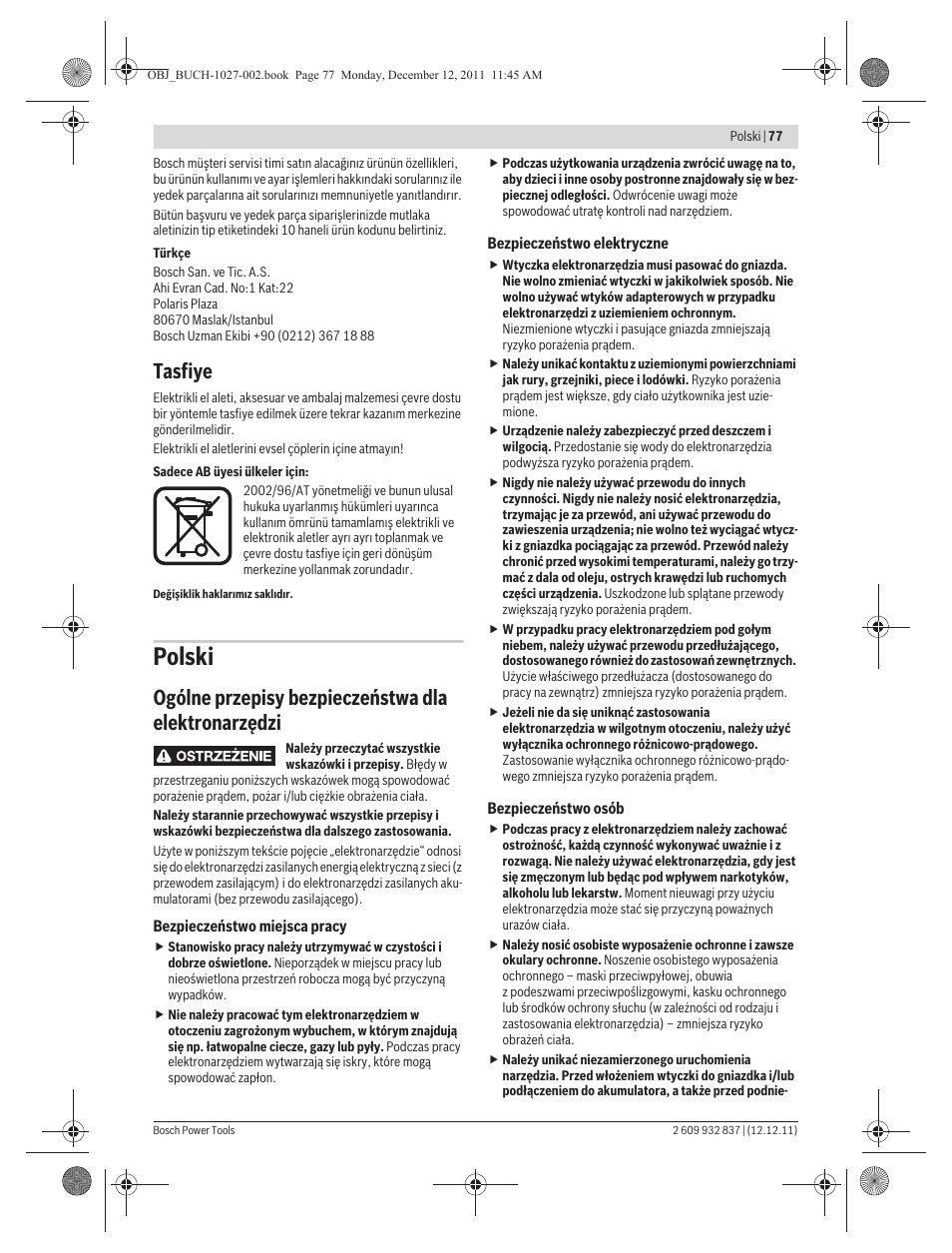 Polski, Tasfiye, Ogólne przepisy bezpieczeństwa dla elektronarzędzi | Bosch GST 150 BCE Professional User Manual | Page 77 / 184