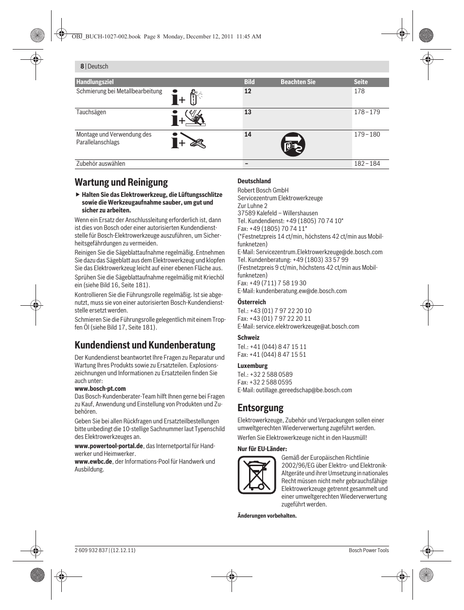 Wartung und reinigung, Kundendienst und kundenberatung, Entsorgung | Bosch GST 150 BCE Professional User Manual | Page 8 / 184