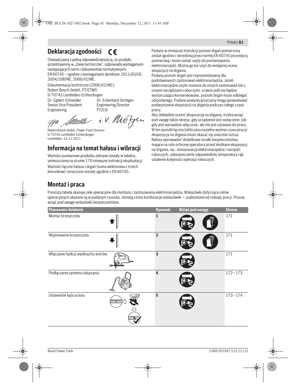 Deklaracja zgodności, Informacja na temat hałasu i wibracji, Montaż i praca | Bosch GST 150 BCE Professional User Manual | Page 81 / 184