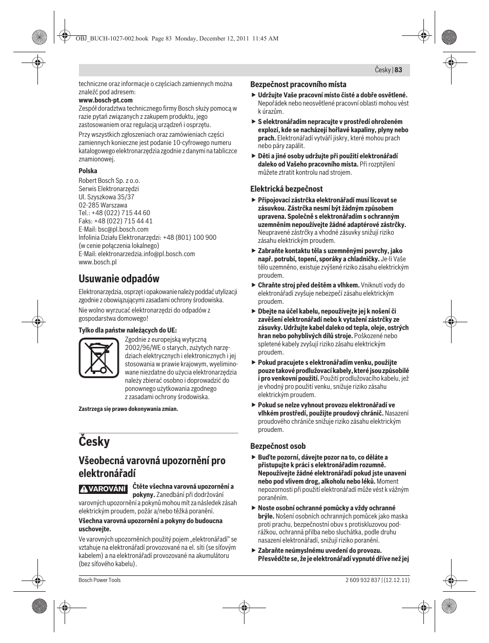 Česky, Usuwanie odpadów, Všeobecná varovná upozornění pro elektronářadí | Bosch GST 150 BCE Professional User Manual | Page 83 / 184