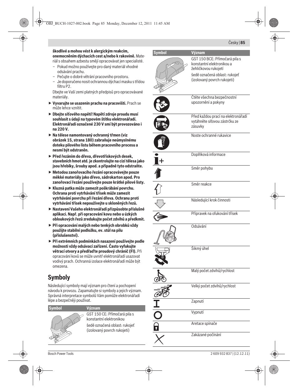 Symboly | Bosch GST 150 BCE Professional User Manual | Page 85 / 184