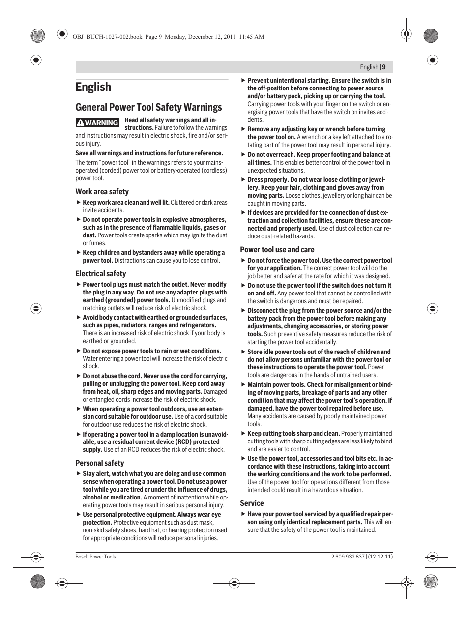 English, General power tool safety warnings | Bosch GST 150 BCE Professional User Manual | Page 9 / 184