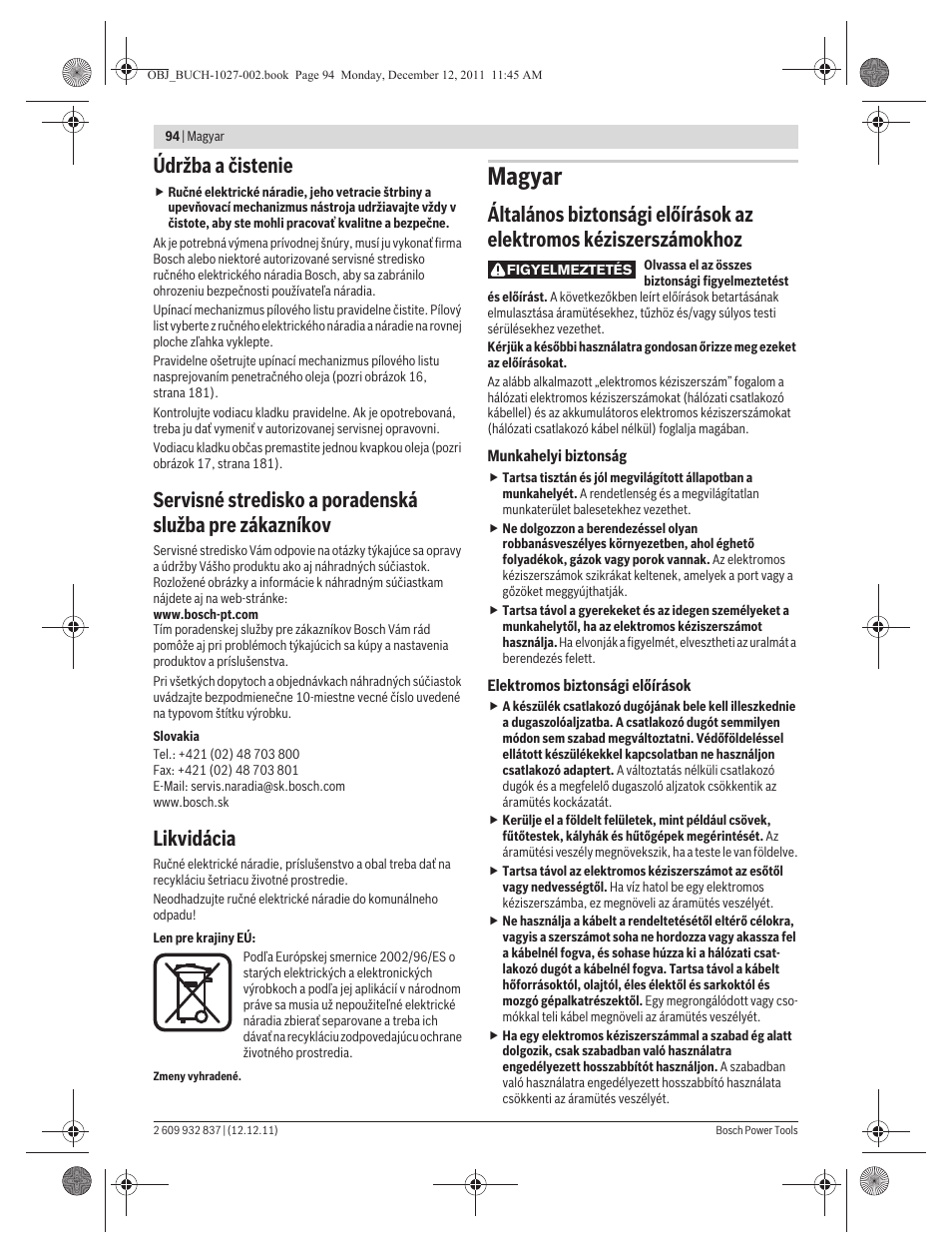 Magyar, Údržba a čistenie, Likvidácia | Bosch GST 150 BCE Professional User Manual | Page 94 / 184