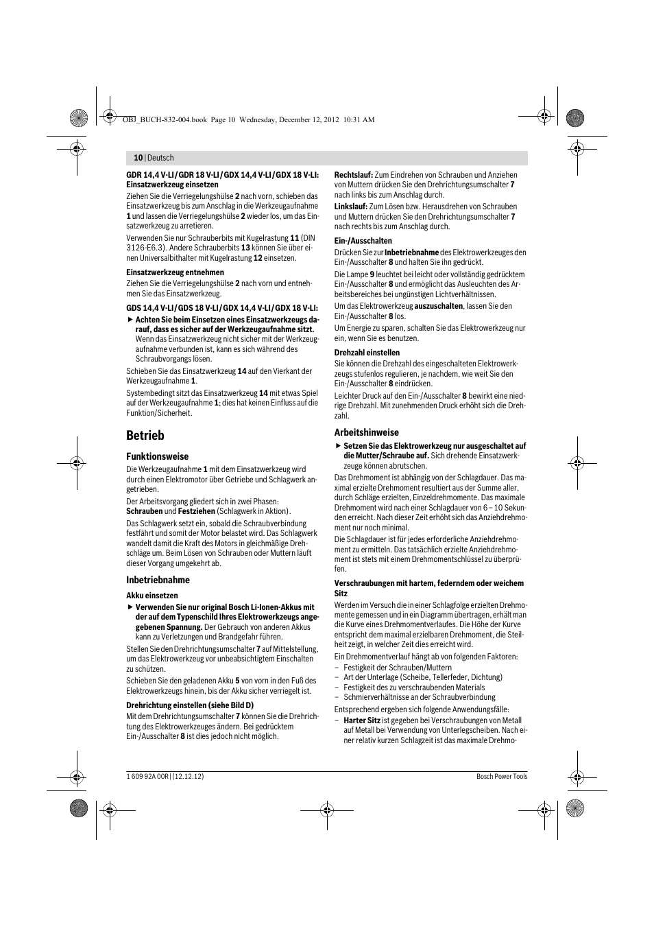 Betrieb | Bosch GDR 18 V-LI Professional User Manual | Page 10 / 194
