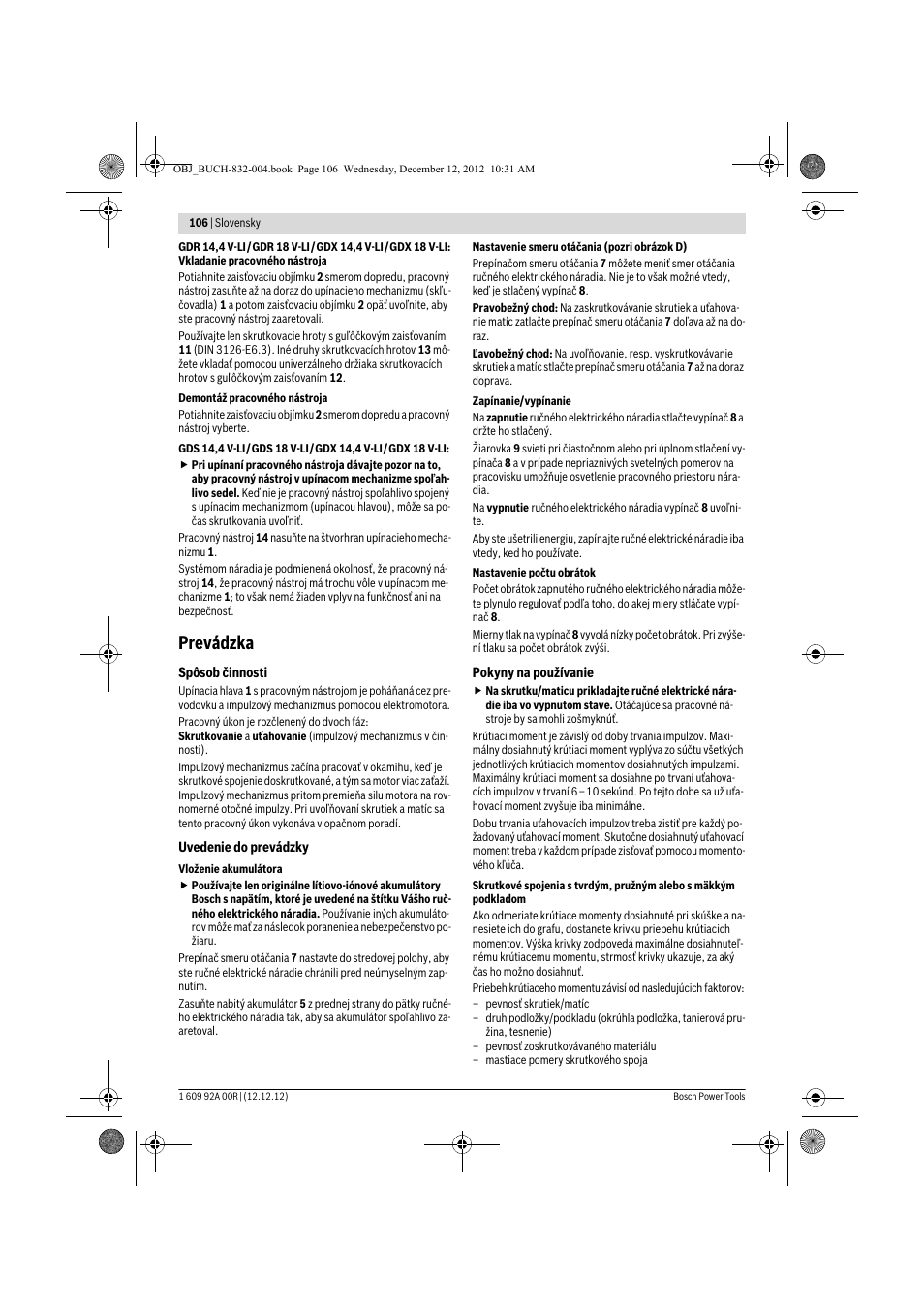 Prevádzka | Bosch GDR 18 V-LI Professional User Manual | Page 106 / 194