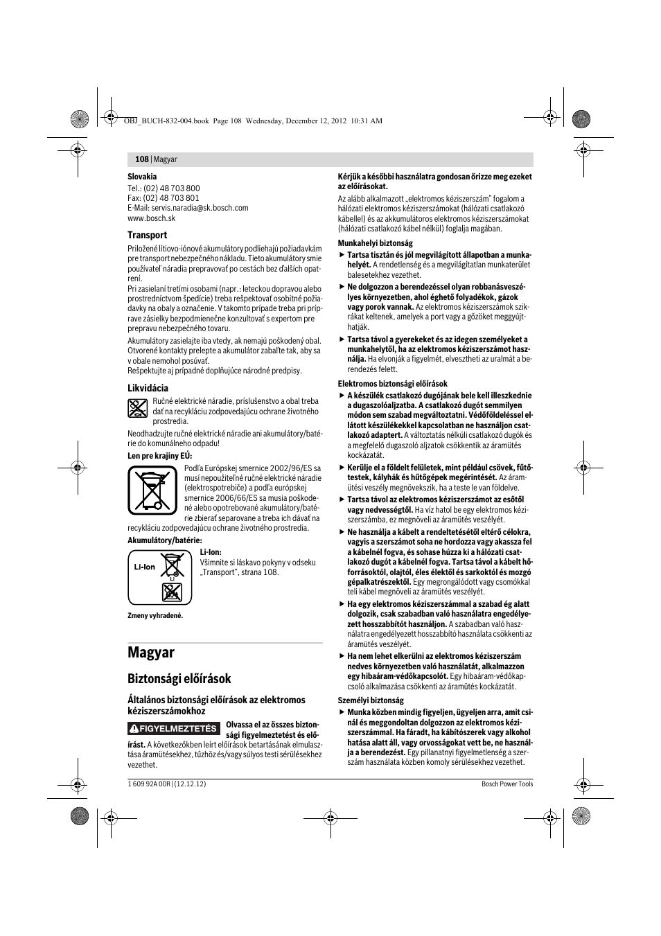 Magyar, Biztonsági előírások | Bosch GDR 18 V-LI Professional User Manual | Page 108 / 194