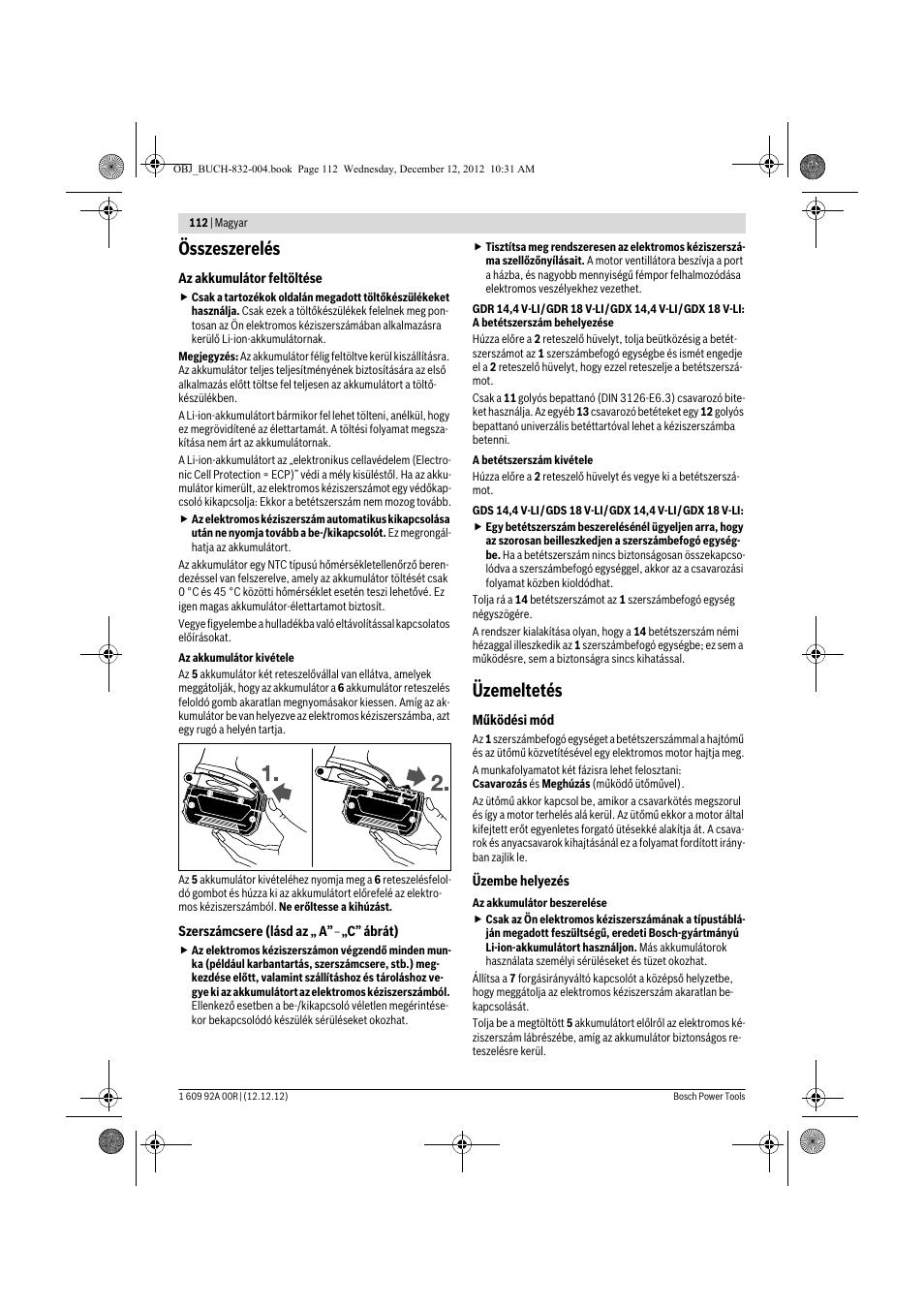 Összeszerelés, Üzemeltetés | Bosch GDR 18 V-LI Professional User Manual | Page 112 / 194