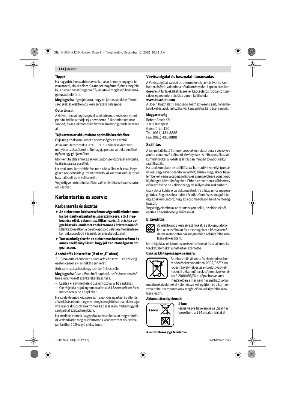 Karbantartás és szerviz | Bosch GDR 18 V-LI Professional User Manual | Page 114 / 194