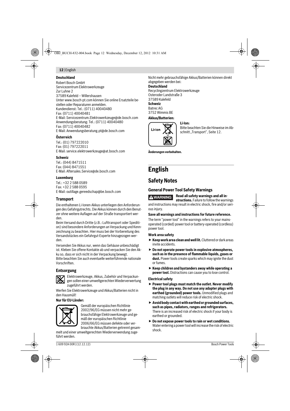 English | Bosch GDR 18 V-LI Professional User Manual | Page 12 / 194