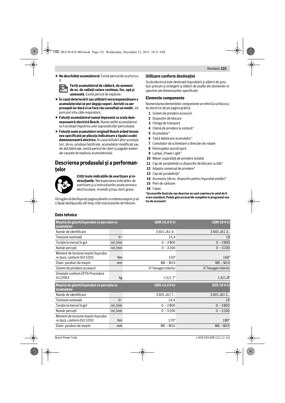 Descrierea produsului şi a performan- ţelor | Bosch GDR 18 V-LI Professional User Manual | Page 131 / 194