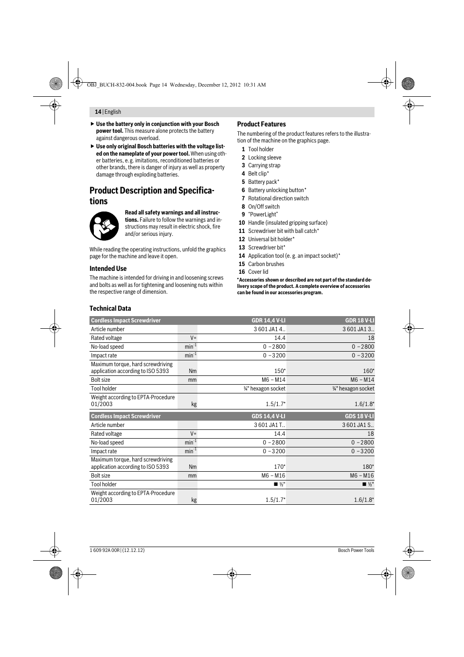 Product description and specifica- tions | Bosch GDR 18 V-LI Professional User Manual | Page 14 / 194